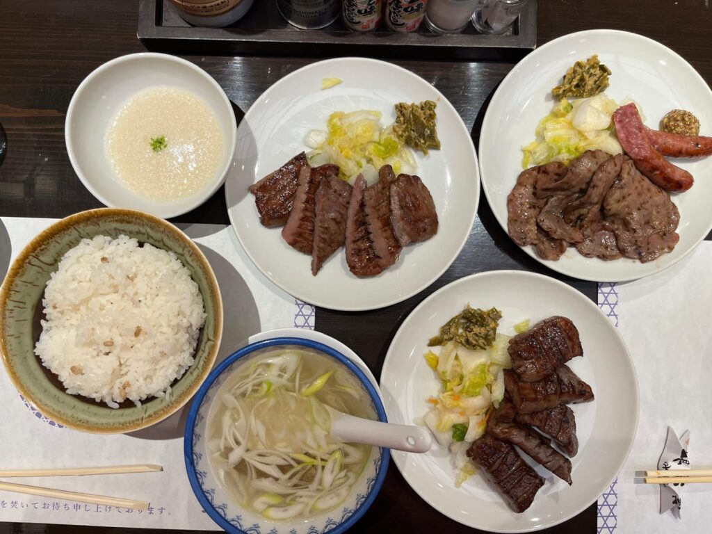 Sendai gyutan meal spread with one set meal and extra shared dishes