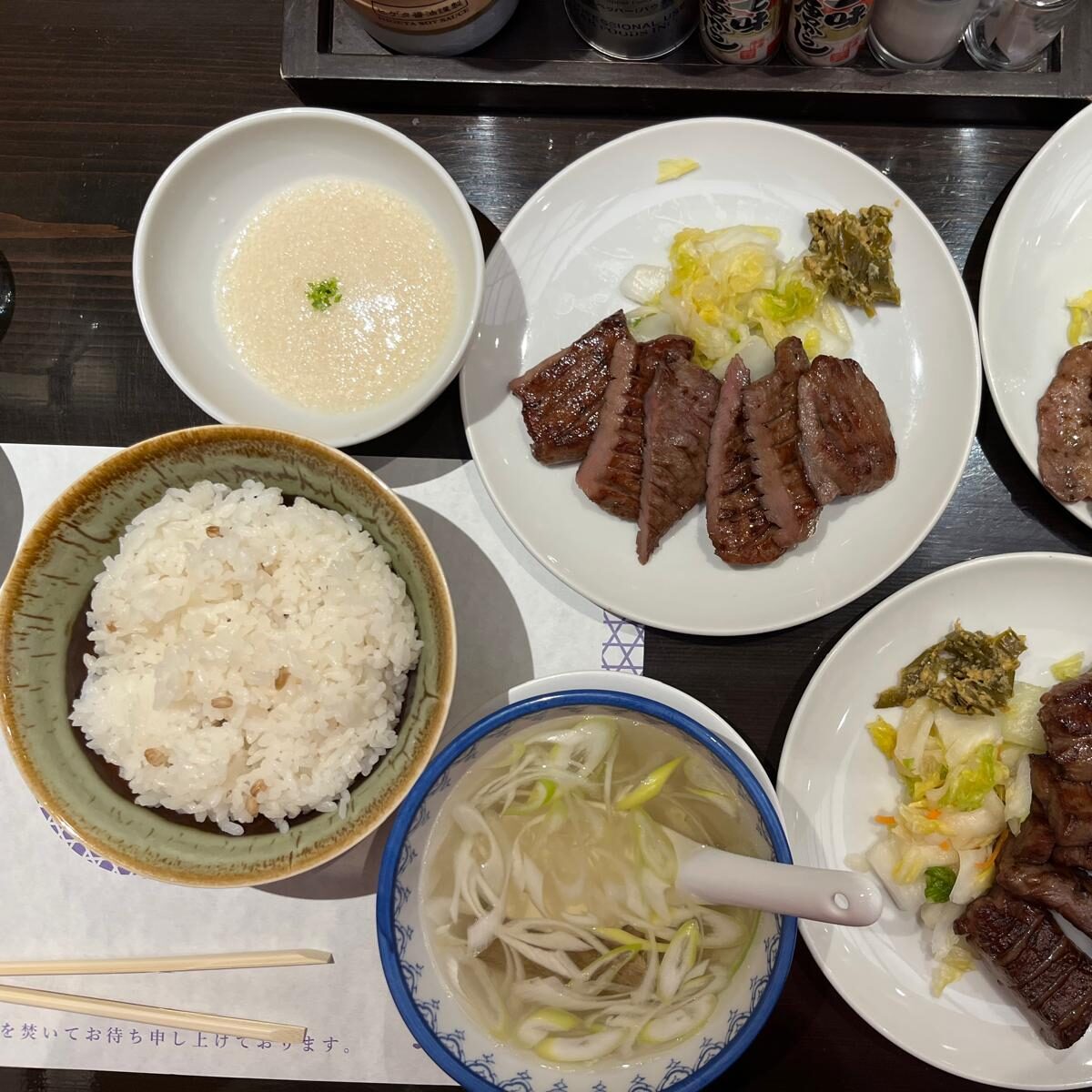 Grilled gyutan with rice, soup and side dishes in Sendai