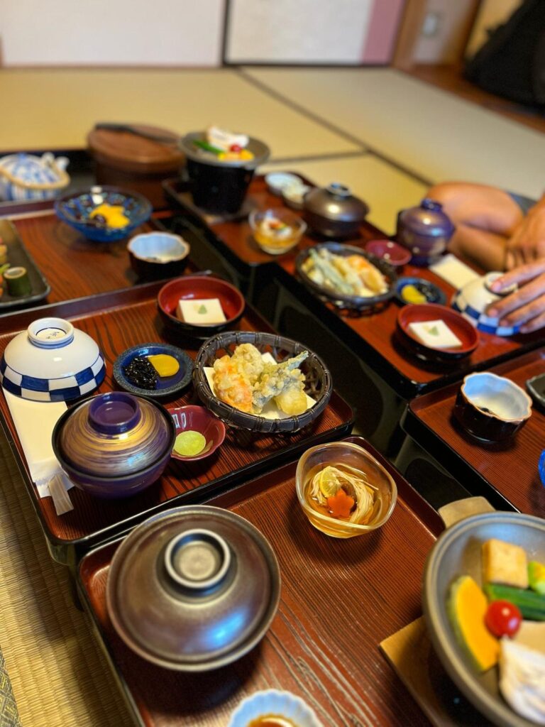 Kaiseki dinner served at a Japanese onsen hotel