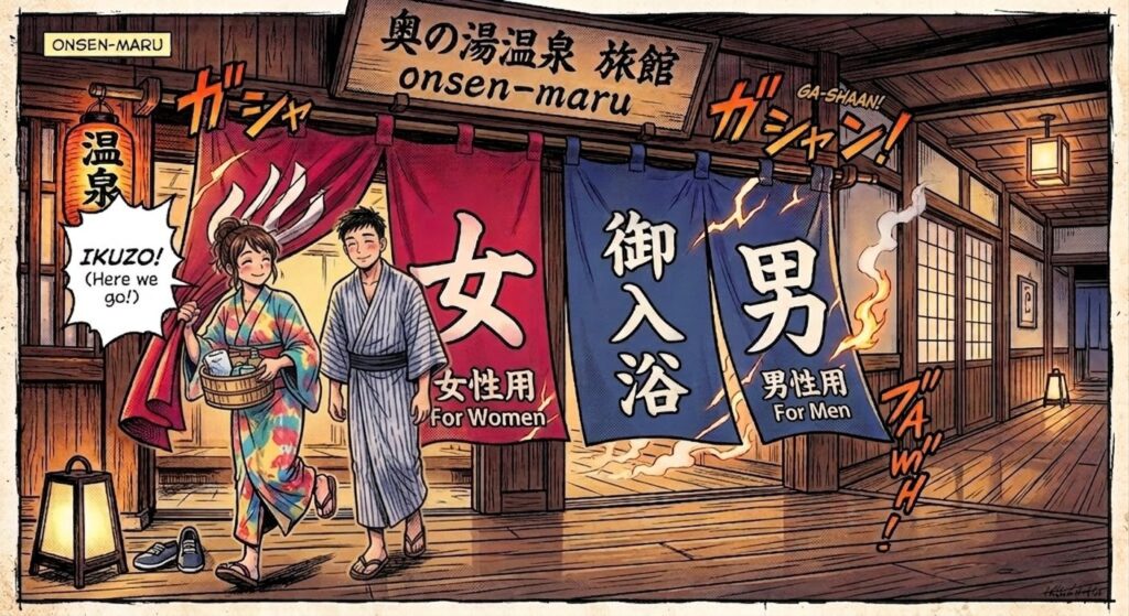 Onsen entrance curtains at a Japanese ryokan in Japan.