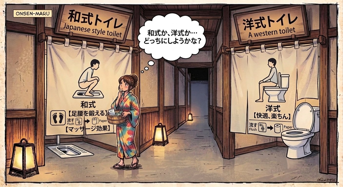 Sign showing Japanese-style squat toilet and Western-style toilet options in a Japanese building