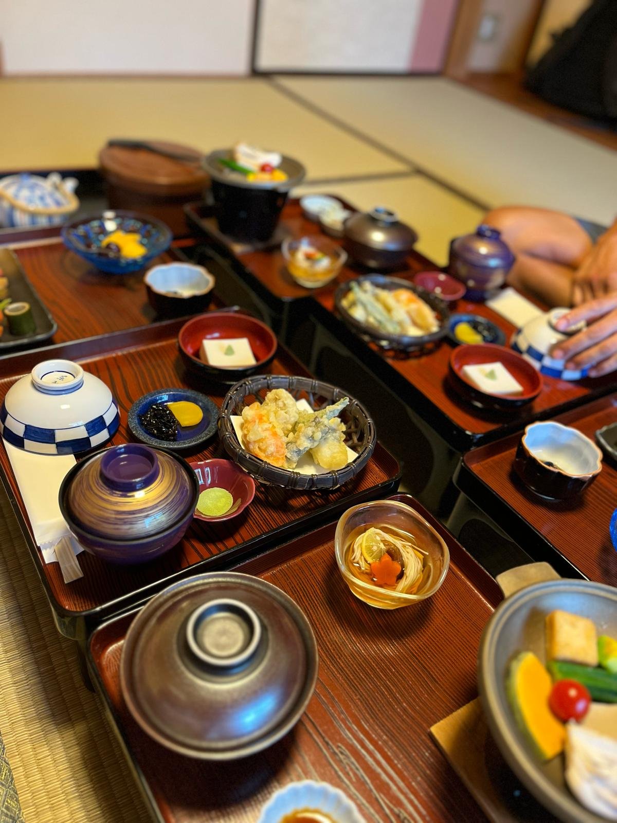 Kaiseki dinner served at a Japanese onsen hotel