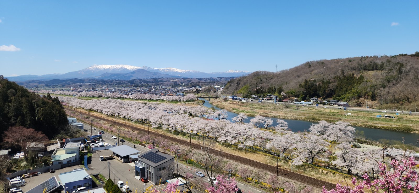 View from Funaoka Castle Park over the Shiroishi River sakura corridor in Miyagi