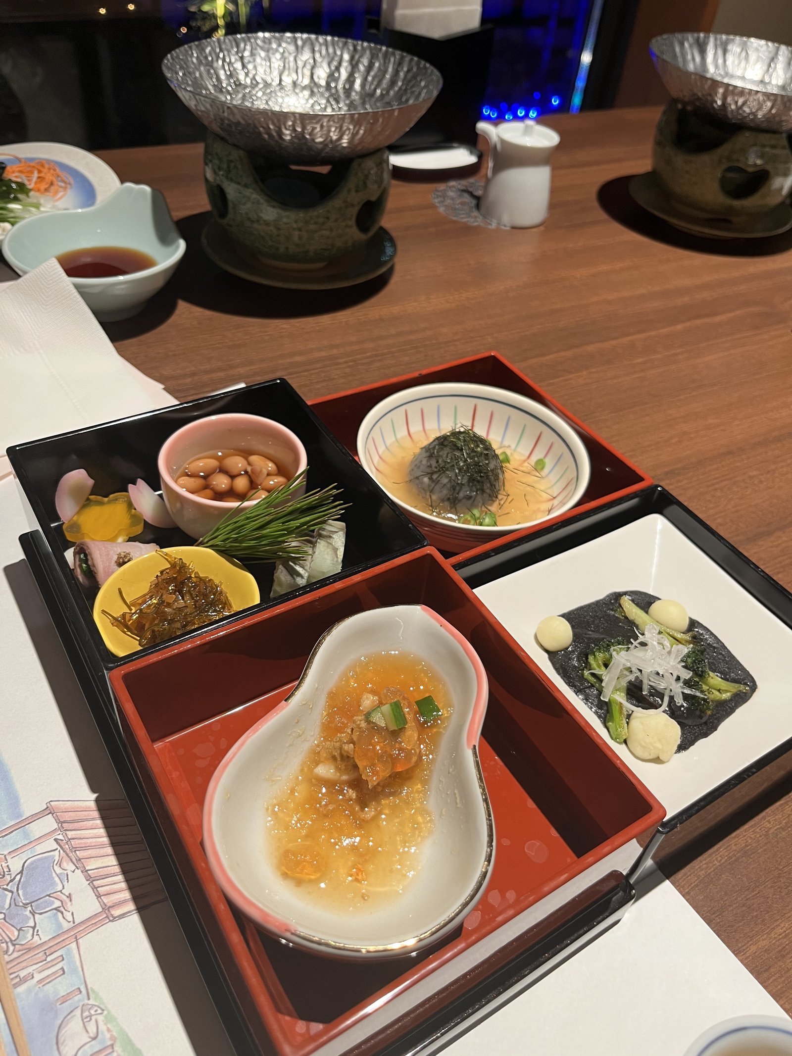 Seasonal appetizer course served during a kaiseki dinner in Japan.