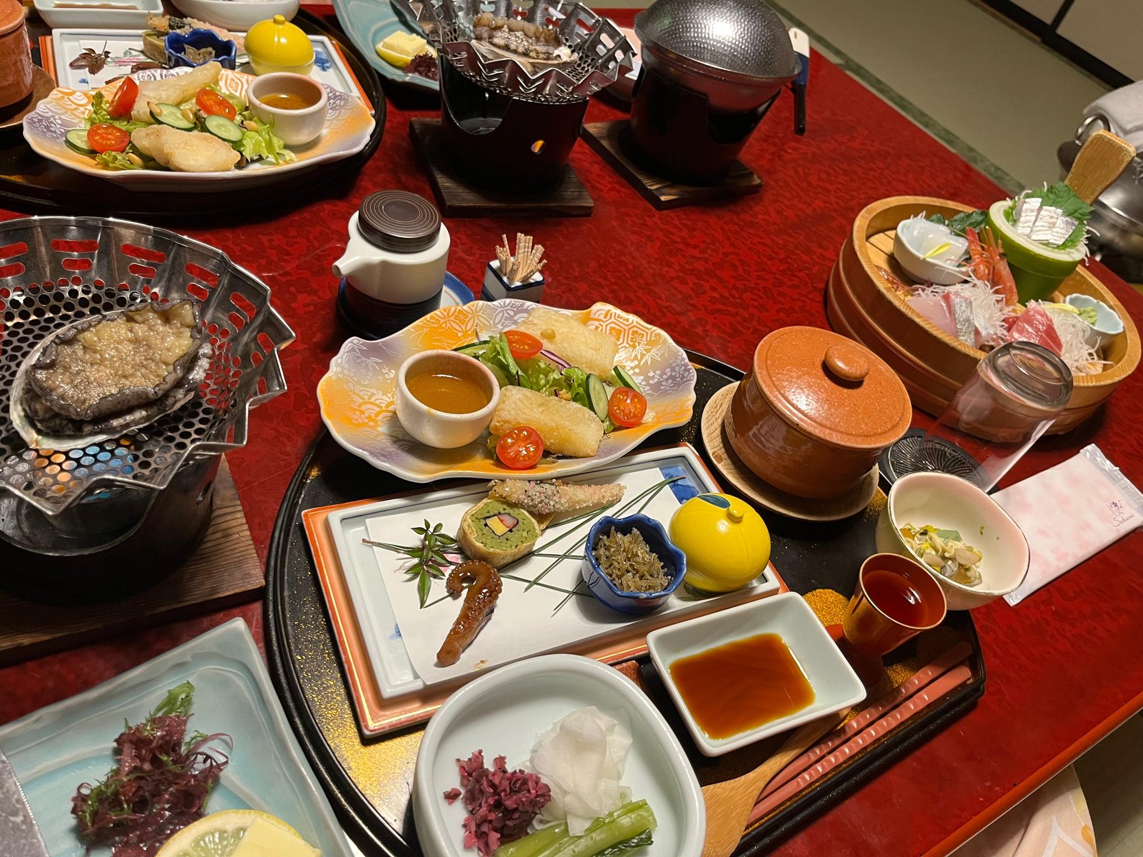In-room kaiseki dinner served at a Japanese ryokan.