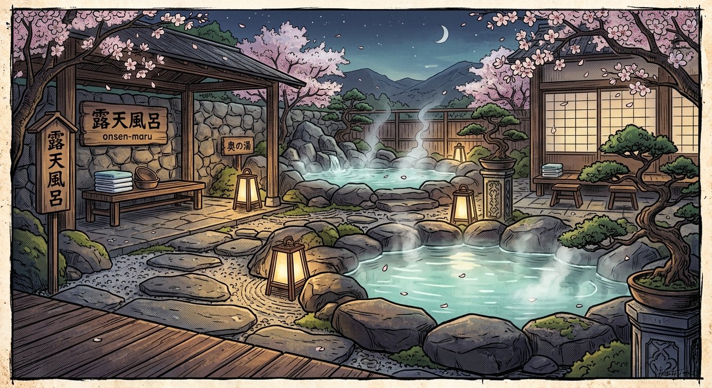 Outdoor onsen bath area at a Japanese ryokan with no people visible.