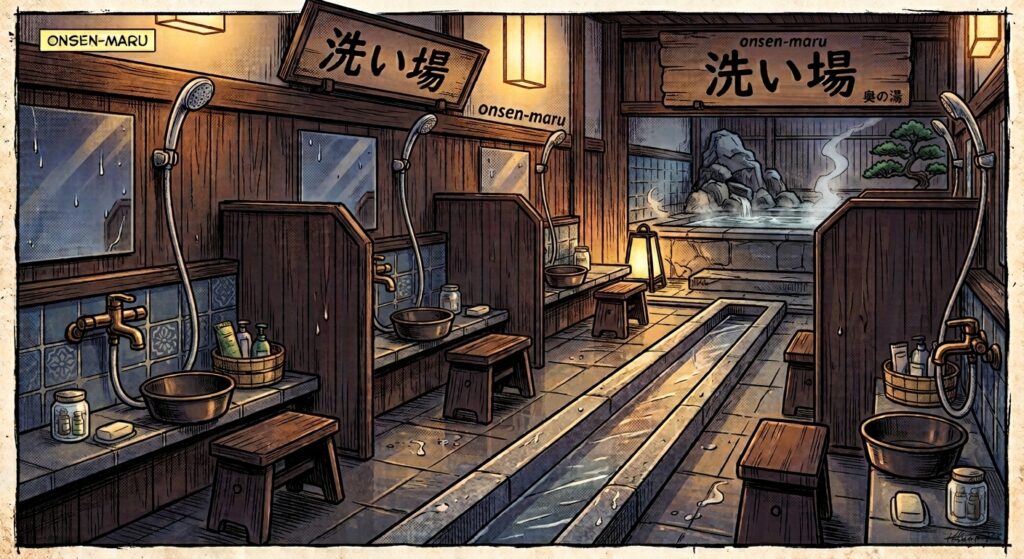 Washing station with stools and showers inside a Japanese onsen bath area.
