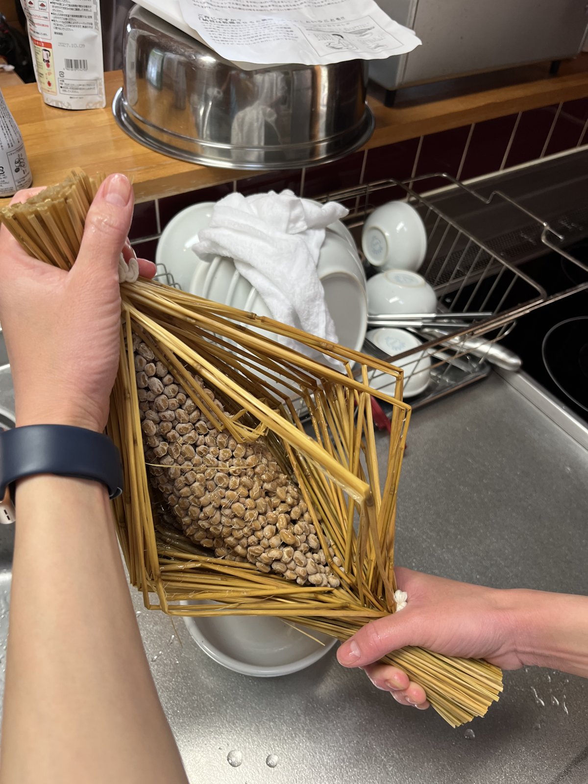 Opened rice straw bundle with fermented soybeans inside, from Fukufuku in Nasu