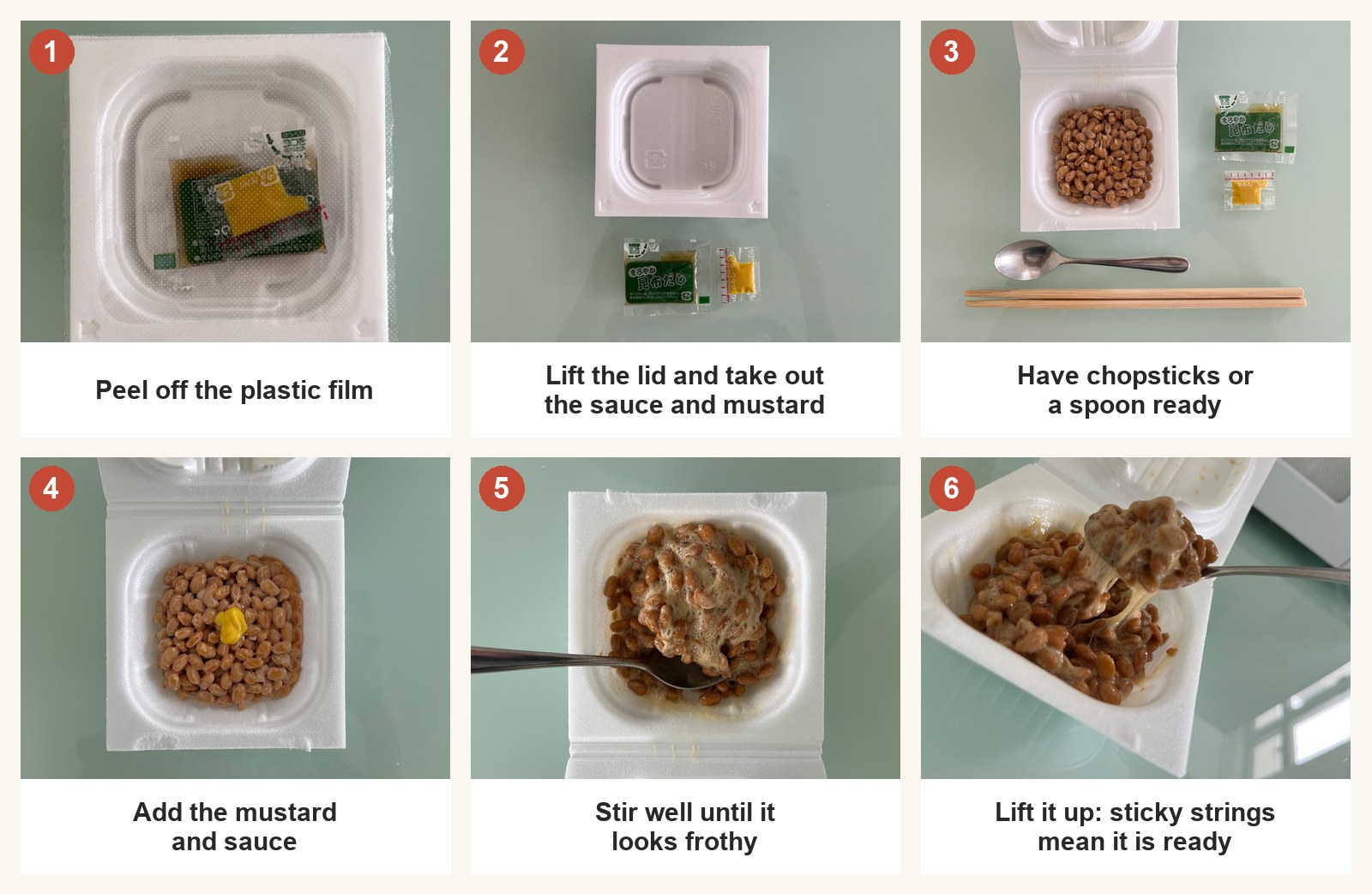 Six-step photo guide showing how to open, season, stir, and eat a pack of natto